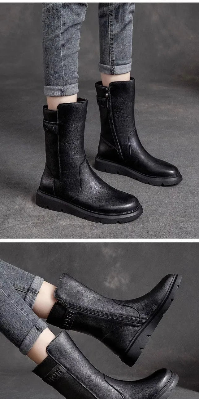 Genuine Leather Mid-Calf Motorcycle Boots Women's Autumn Winter New Style Retro Soft Bottom  Boots Trendy Short Boots
