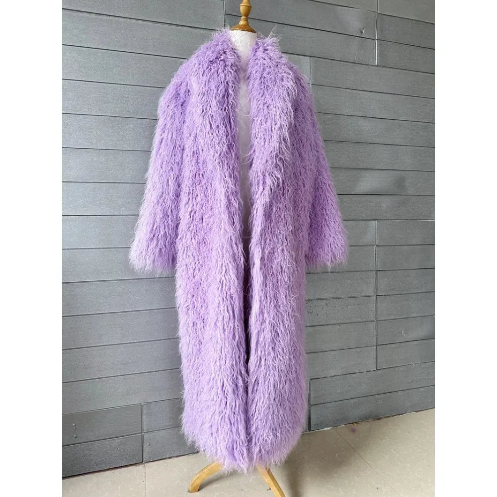 Faux Fur Jacket Women Long Coat Thick Fluffy Winter Warm Shaggy Overcoat Open
