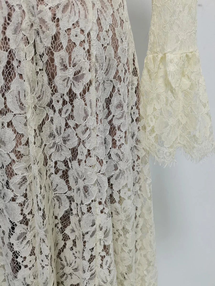 VGH White Loose Spliced Lace Chic Dresses for Women O Neck Long Sleeve French Elegant Dress Female Summer Fashion Style Clothing