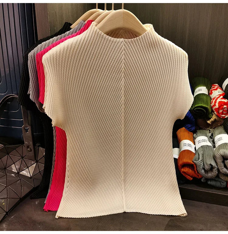 LANMREM Stand Collar Dragon Scale Pleated T-shirt High-end Versatile Slimming Short Sleeved Women's Summer Pullover Tops 2DB3044
