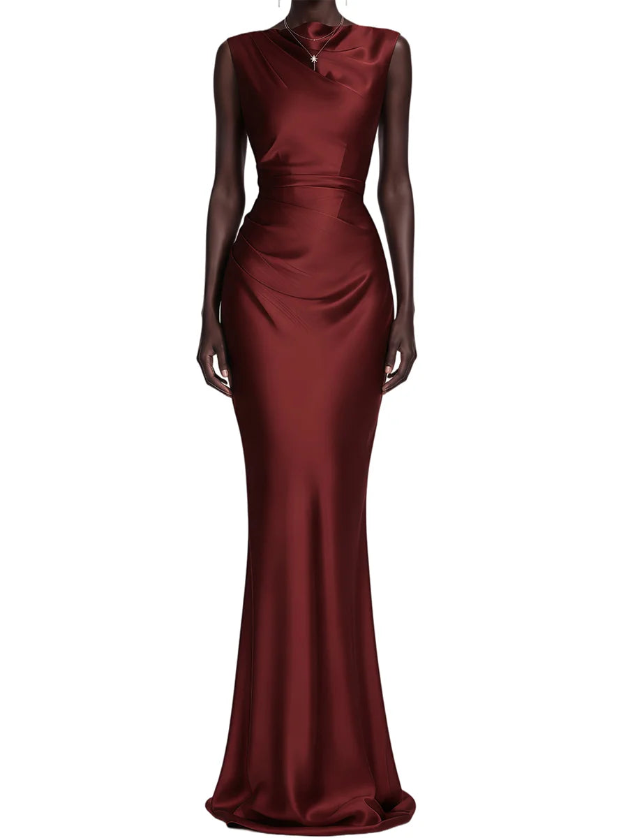 VGH Solid Fashion Satin Cowl Neck Maxi Dress For Women Sleeveless Ruched Waist Mermaid Hem Elegant Evening Banquet Chic Outfit