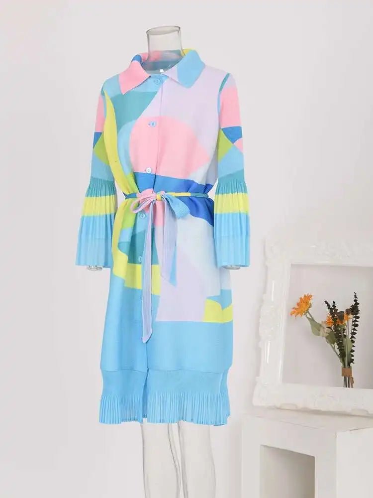 LANMREM Maxi Pleated Dress For Women Lapel Single Breasted Long Sleeves Color Block Tassel Hem Loose Chic Clothing Autumn 2R5928