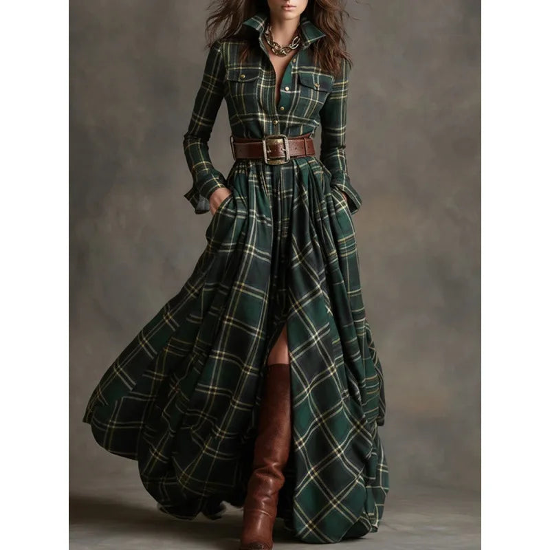 French Retro Plaid Maxi Shirt Dress – Slit | Belted | Polo Collar | Princess Sleeves | Pockets | S–XXL | 6 Colours