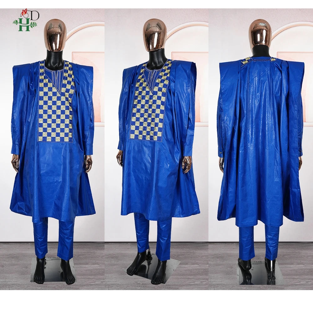 Men's African Agbada 3-Piece Set | Blue Bazin Riche Embroidery Shirt & Trousers | Wedding & Party