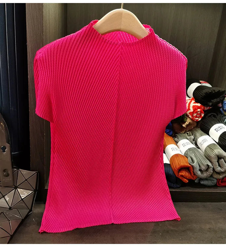 LANMREM Stand Collar Dragon Scale Pleated T-shirt High-end Versatile Slimming Short Sleeved Women's Summer Pullover Tops 2DB3044