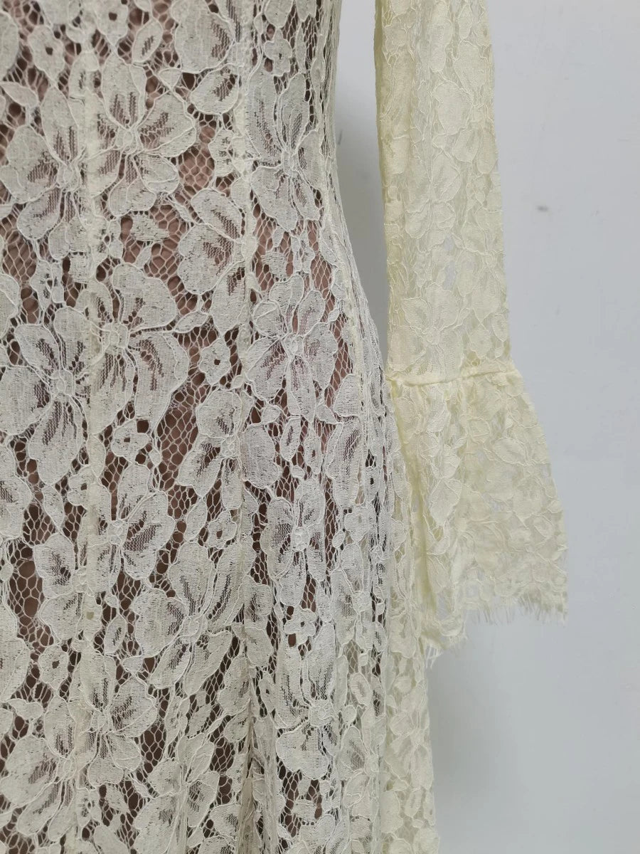 VGH White Loose Spliced Lace Chic Dresses for Women O Neck Long Sleeve French Elegant Dress Female Summer Fashion Style Clothing