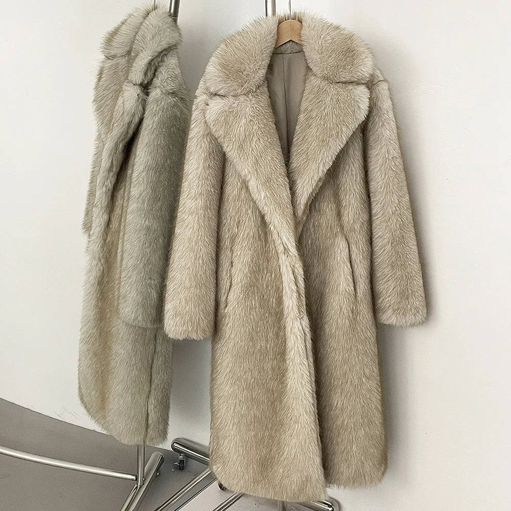 Manteau long en laine fausse fourrure de haute qualité pour femme - Élégante veste à col tailleur pour l'automne et l'hiver - Manteaux en fausse fourrure (non vison)