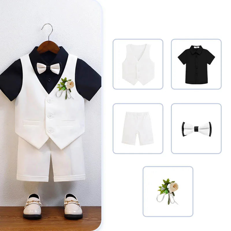 Children Green White Baptism Photography Suit Kids Vest Shirt Shorts Bowtie