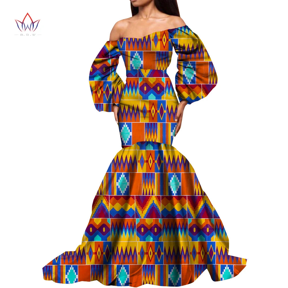 Dashiki African Dresses for Women Daily Party Wedding African Women Dresses Floor-Length Long Puff Sleeve Bandeau Dress Kg1092