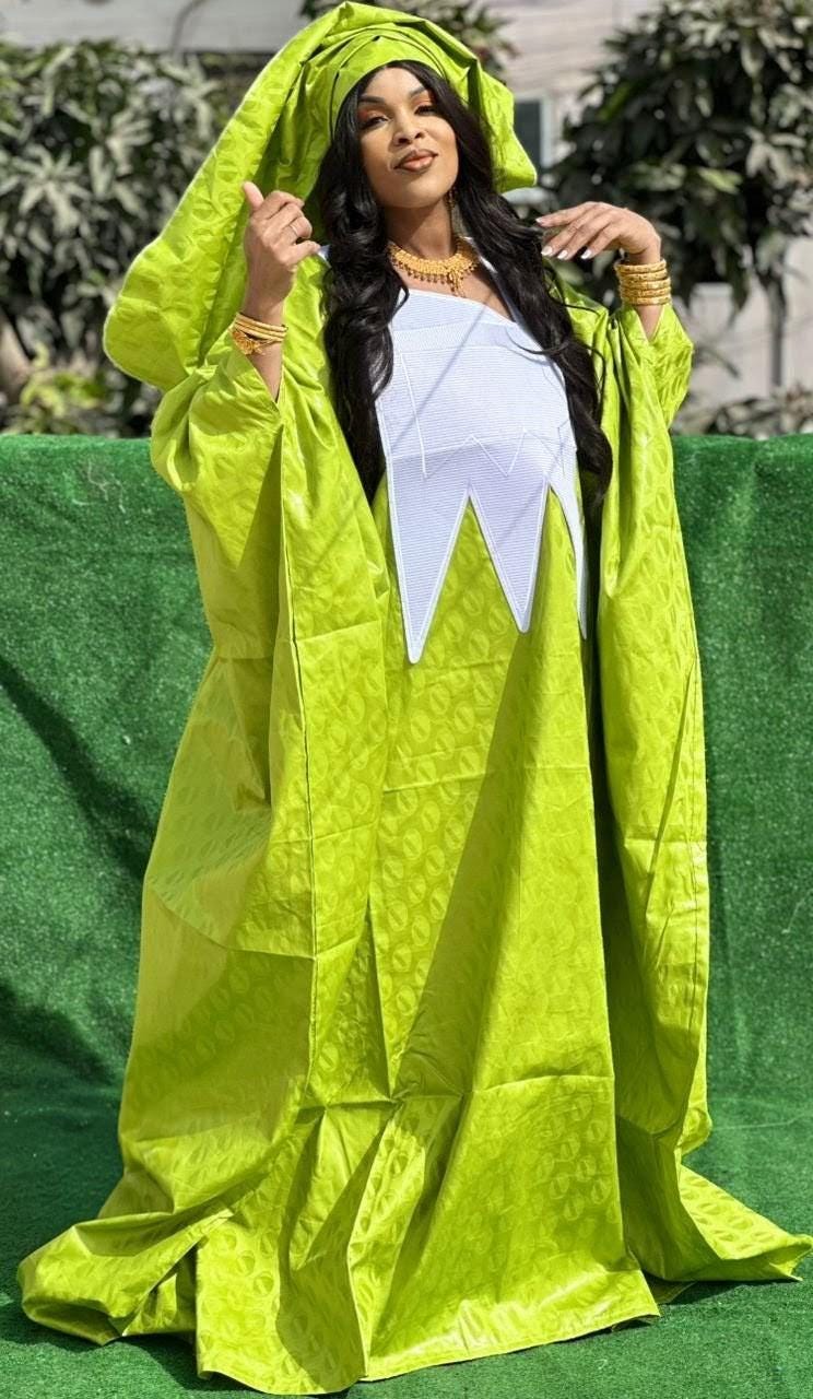 Bazin Riche Abaya Dress: Embroidered African Traditional Clothing Women's Bubu Wear In Lime