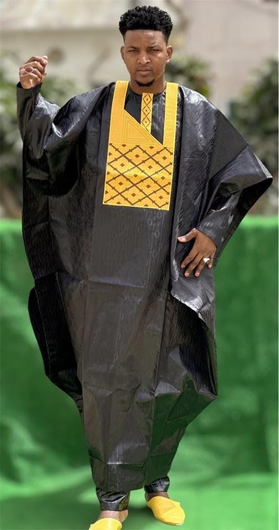 Men's Traditional Bazin Cherif Aidara Embroidery Dashiki Set, Nigerian Cotton Top, Trousers, Gown