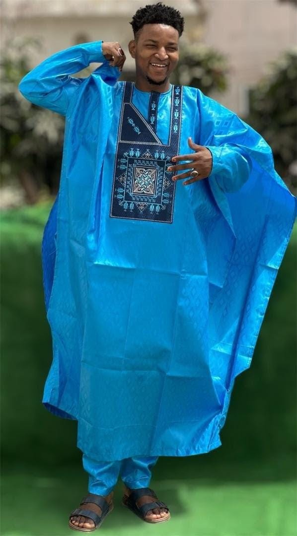 Men's Traditional Bazin Cherif Aidara Embroidery Dashiki Set, Nigerian Cotton Top, Trousers, Gown