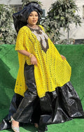 Bazin Riche Lace Top and Rapper Set, Yellow Black Traditional African Clothing