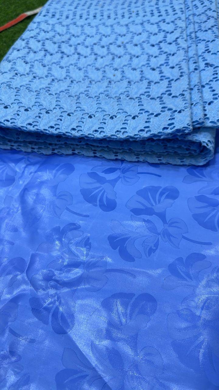 Blue Bazin Riche Lace Top, Rapper Set, Scarf for Wedding Party