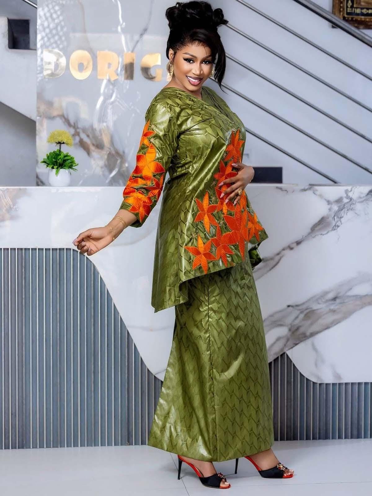 Ensemble haut et jupe brodés Gatzner Bazin Riche pour femme – Tenue de soirée africaine traditionnelle
