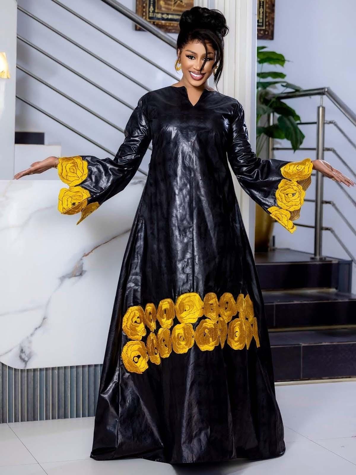 African Bazin Riche Abaya Dress | Elegant Embroidered Grand Bubu, Head Scarf