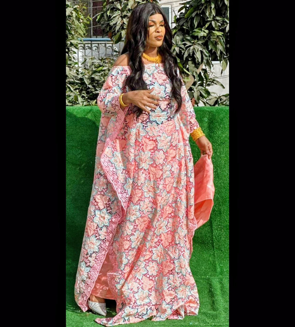 Pink Bazin Riche Lace Gown Set with Scarf for Weddings/Parties