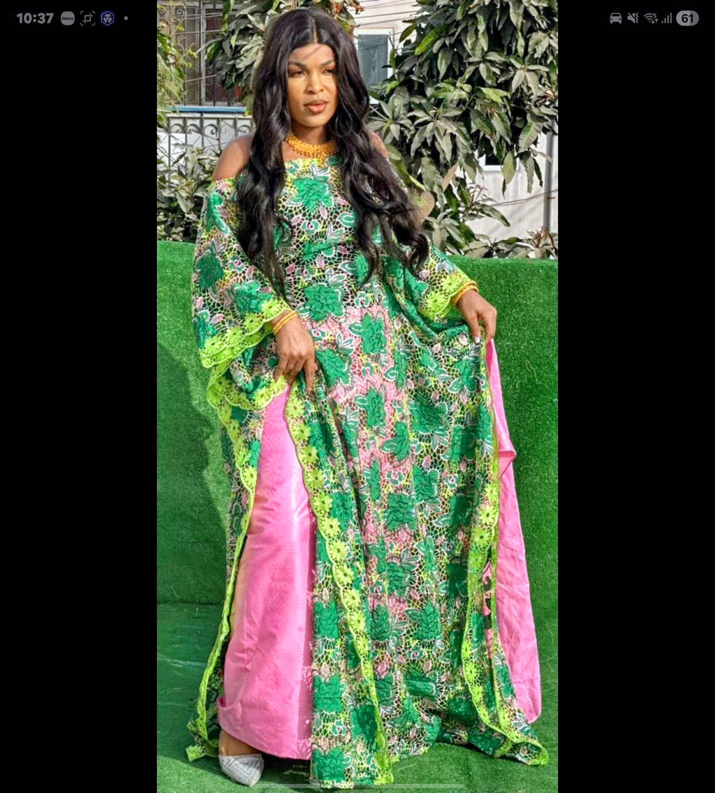African Women Voile Lace Gown Clothing Set | Bazin Riche Rapper, Scarf for Weddings/Parties