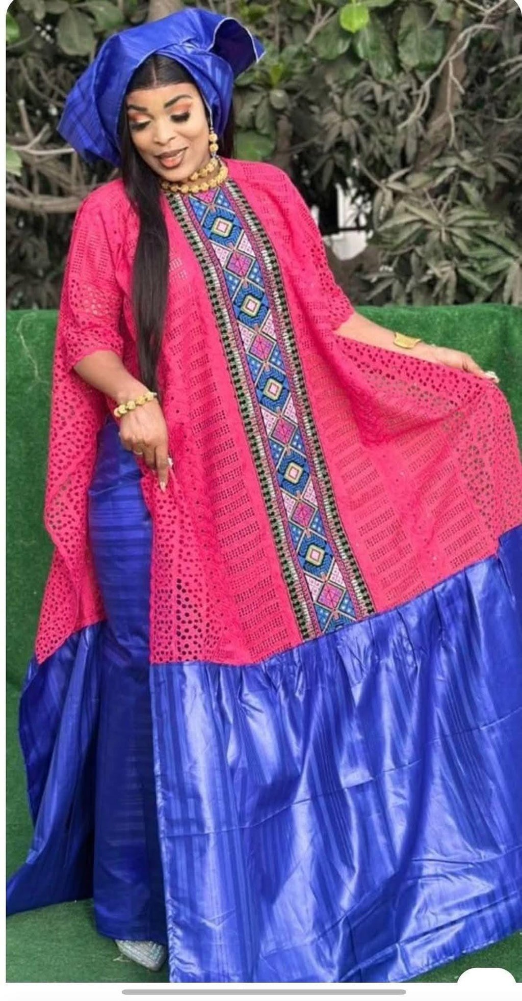 Bazin Riche Lace Mix Print Traditional African Clothing Set, Pink/Blue Wrapper, Scarf
