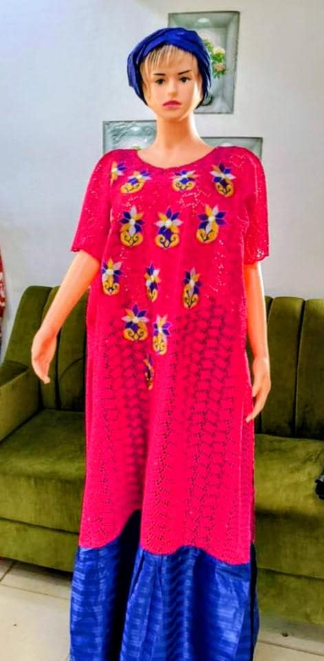 Bazin Riche Lace Mix Print Traditional African Clothing Set, Pink/Blue Wrapper, Scarf