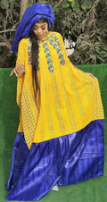 Women's Bazin Riche Lace Mix Top & Scarf Set | Traditional African Wear in Yellow & Blue