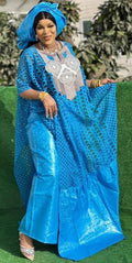 Blue Bazin Riche Lace Top, Rapper Set, Scarf for Wedding Party