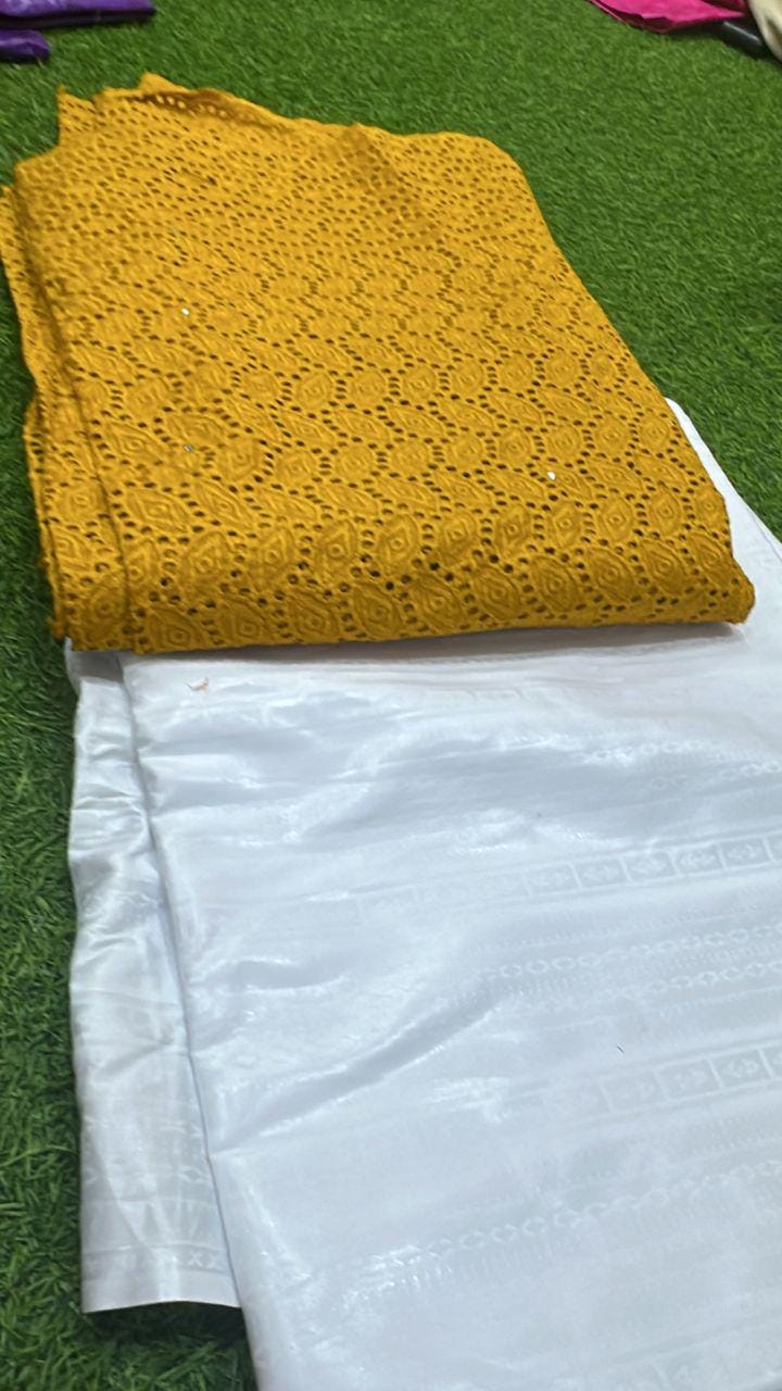 Bazin Riche Lace Mix Print Top Skirt Set With Scarf: Traditional Wear White/Yellow
