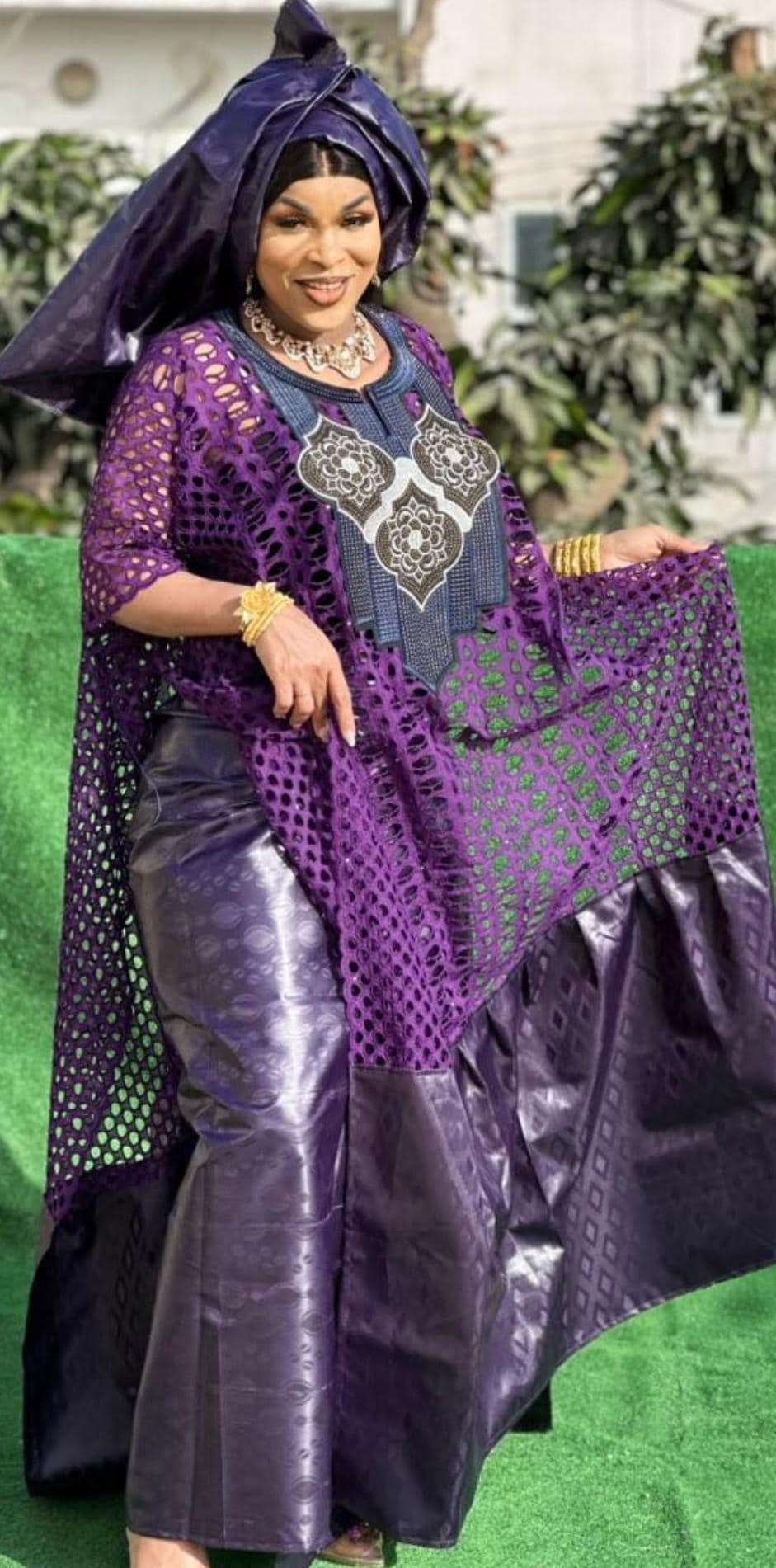 Bazin Riche Lace Top and Skirt Set With Scarf: Purple Traditional Wear