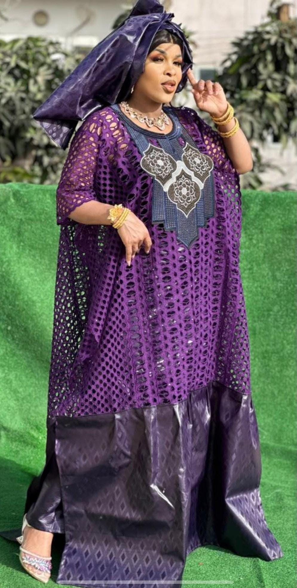 Bazin Riche Lace Top and Skirt Set With Scarf: Purple Traditional Wear
