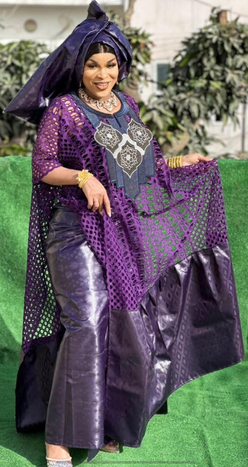 Bazin Riche Lace Top and Skirt Set With Scarf: Purple Traditional Wear