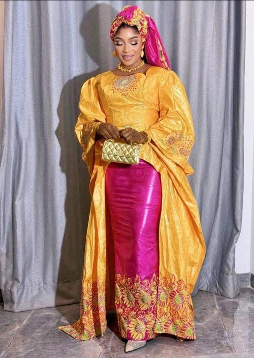 African Bazin Riche Abaya Dress | Elegant Embroidered Grand Bubu, Head Scarf