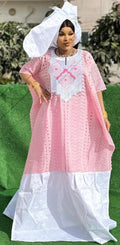 Women's Bazin Riche Bubu 3-Piece Set | African Print Top, Skirt & Scarf in Pink | Weddings & Parties