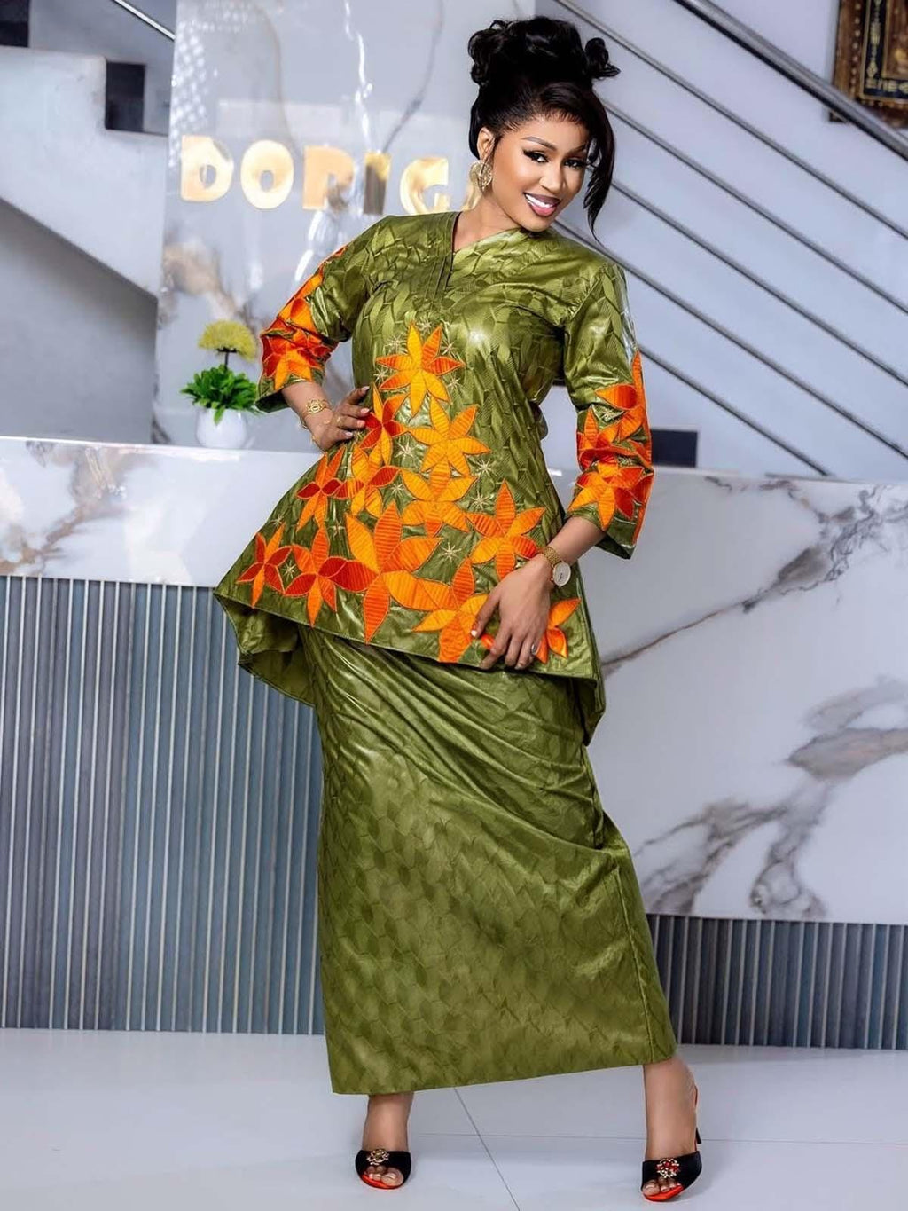 Ensemble haut et jupe brodés Gatzner Bazin Riche pour femme – Tenue de soirée africaine traditionnelle