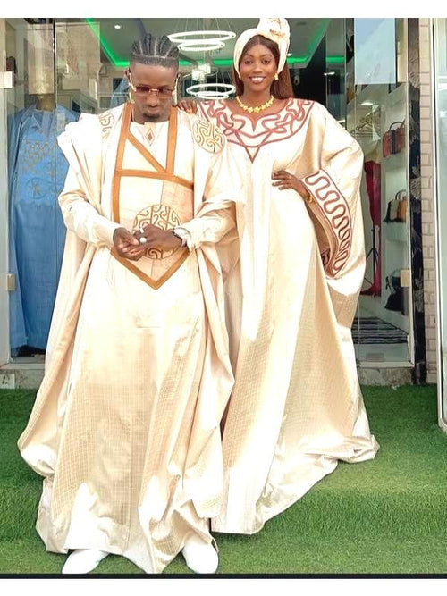 Couples' Getzner Bazin Riche Embroidered Matching Set | Traditional African Wedding & Party Wear
