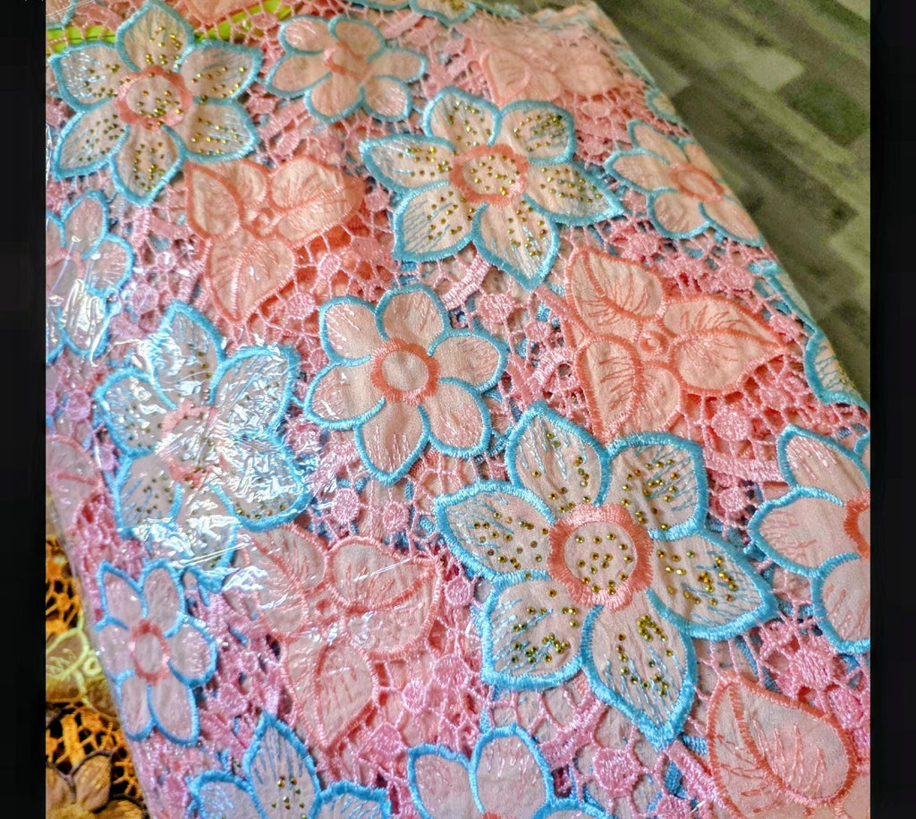 Pink Bazin Riche Lace Gown Set with Scarf for Weddings/Parties