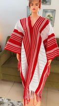 African Ashoki Kaftan Dress: Pink, Red, White Stripes, Fringed Hem, Head Tie