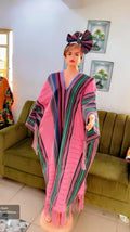 Women's African Ashoki Kaftan Dress | Pink, White & Green Stripes, Fringed Hem & Head Tie