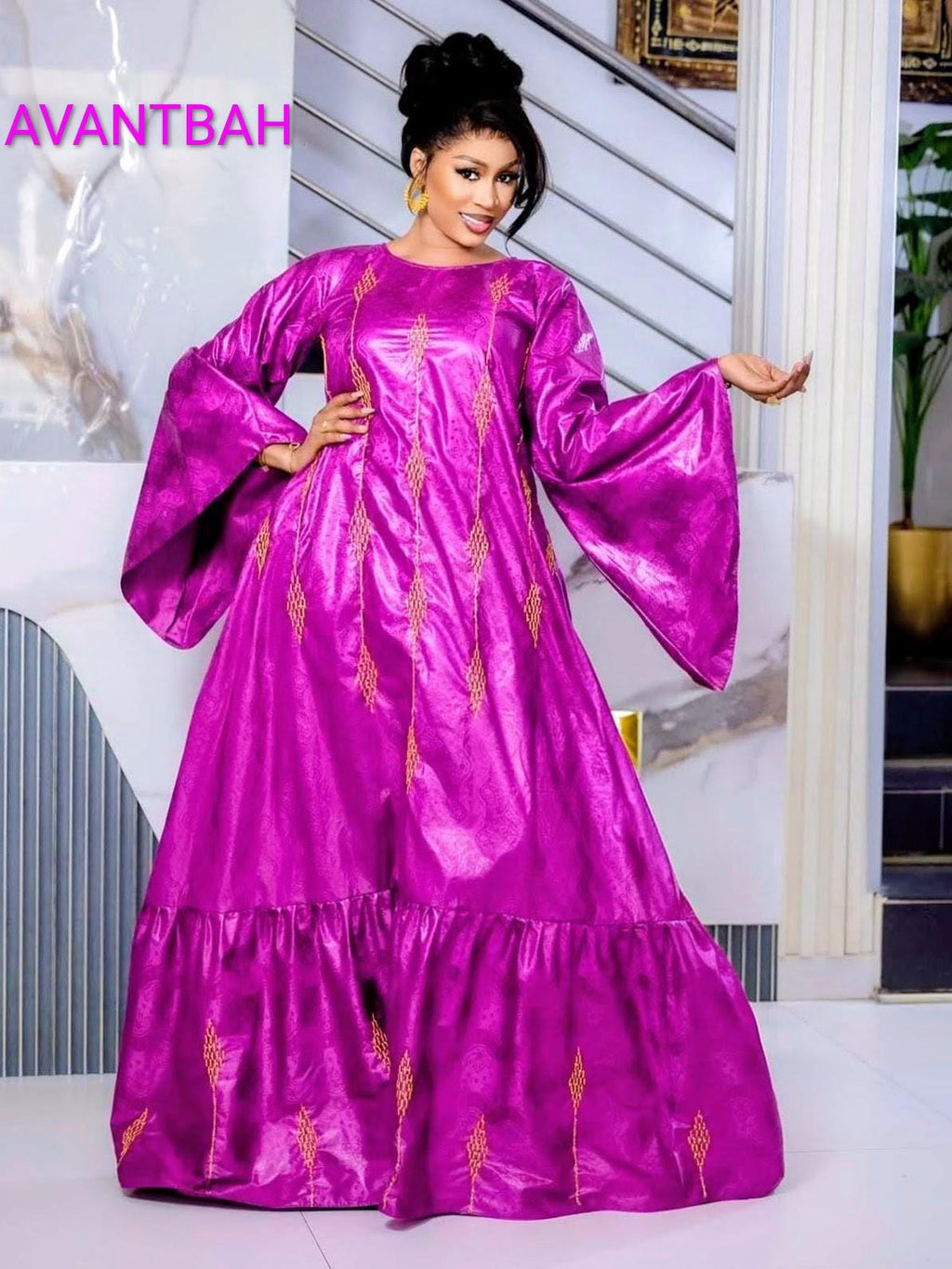 African Bazin Riche Abaya Dress | Elegant Embroidered Grand Bubu, Head Scarf In Pink