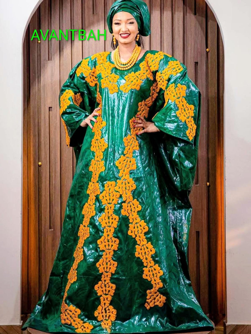 Elegant Green Bazin Riche Abaya | Embroidered Bubu Dress for Parties Weddings