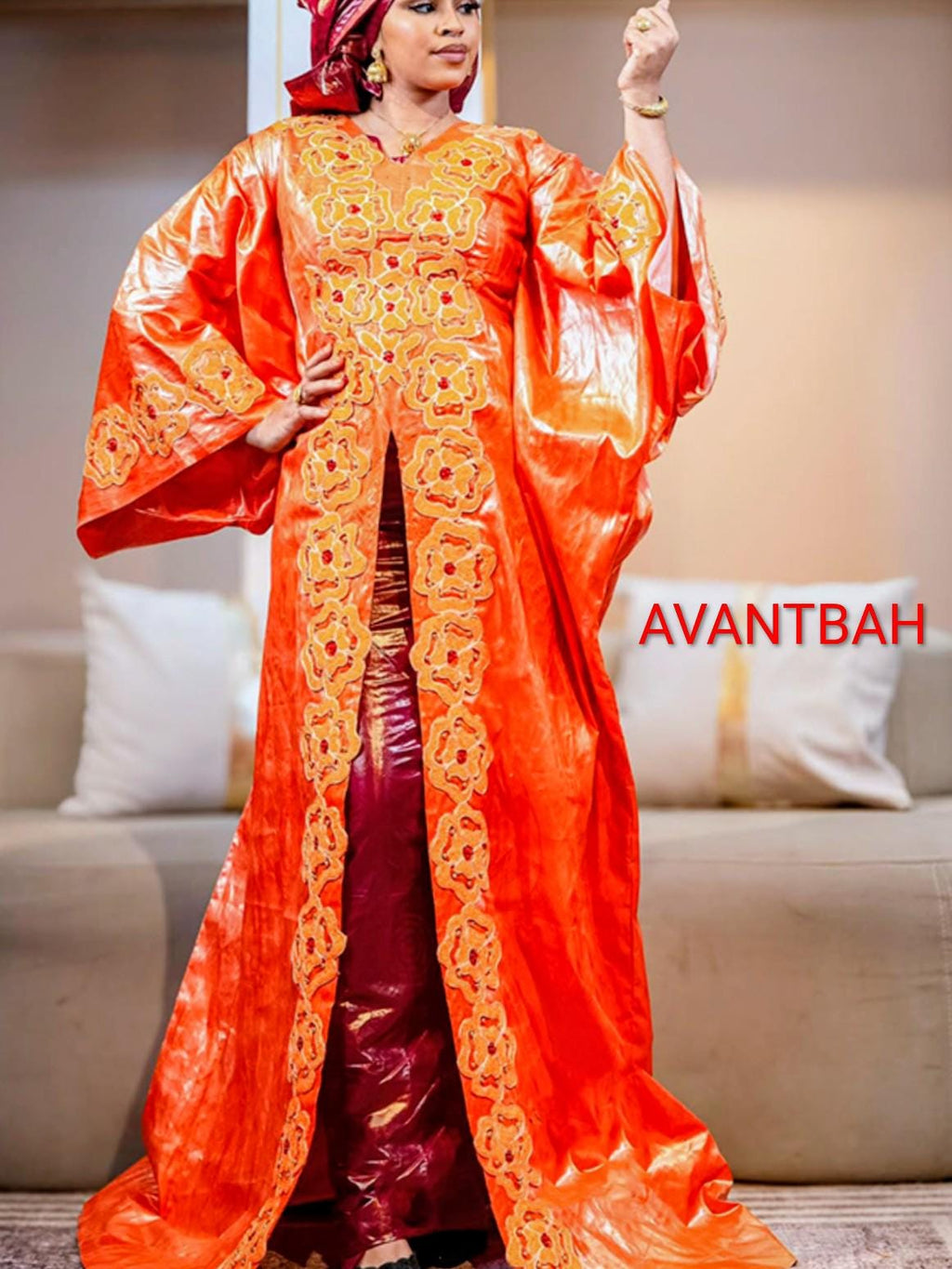 Orange Bazin Riche Abaya | Embroidered Elegant Bubu Dress for Parties Weddings