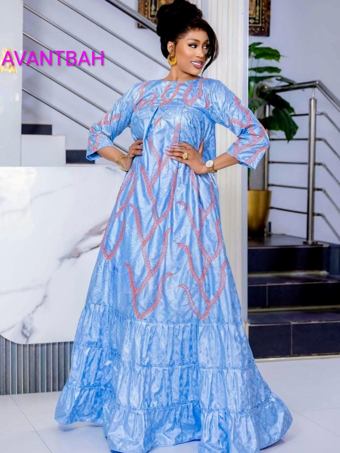 African Bazin Riche Abaya Dress | Elegant Embroidered/Grand Bubu, Head Scarf In Blue