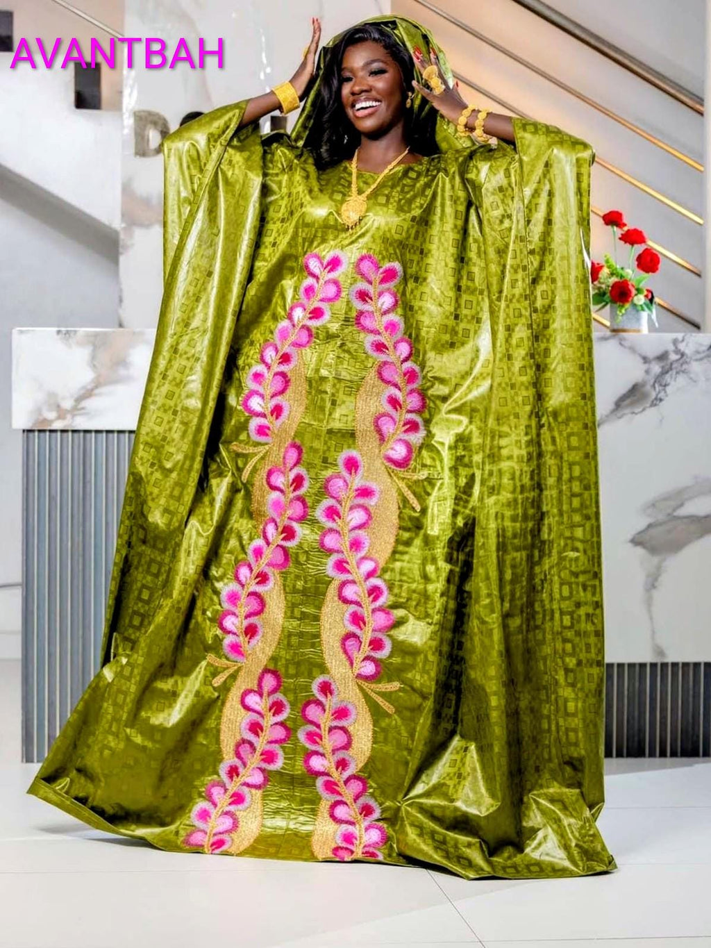 Women's Bazin Riche Abaya | Elegant Green Embroidered Bubu Dress