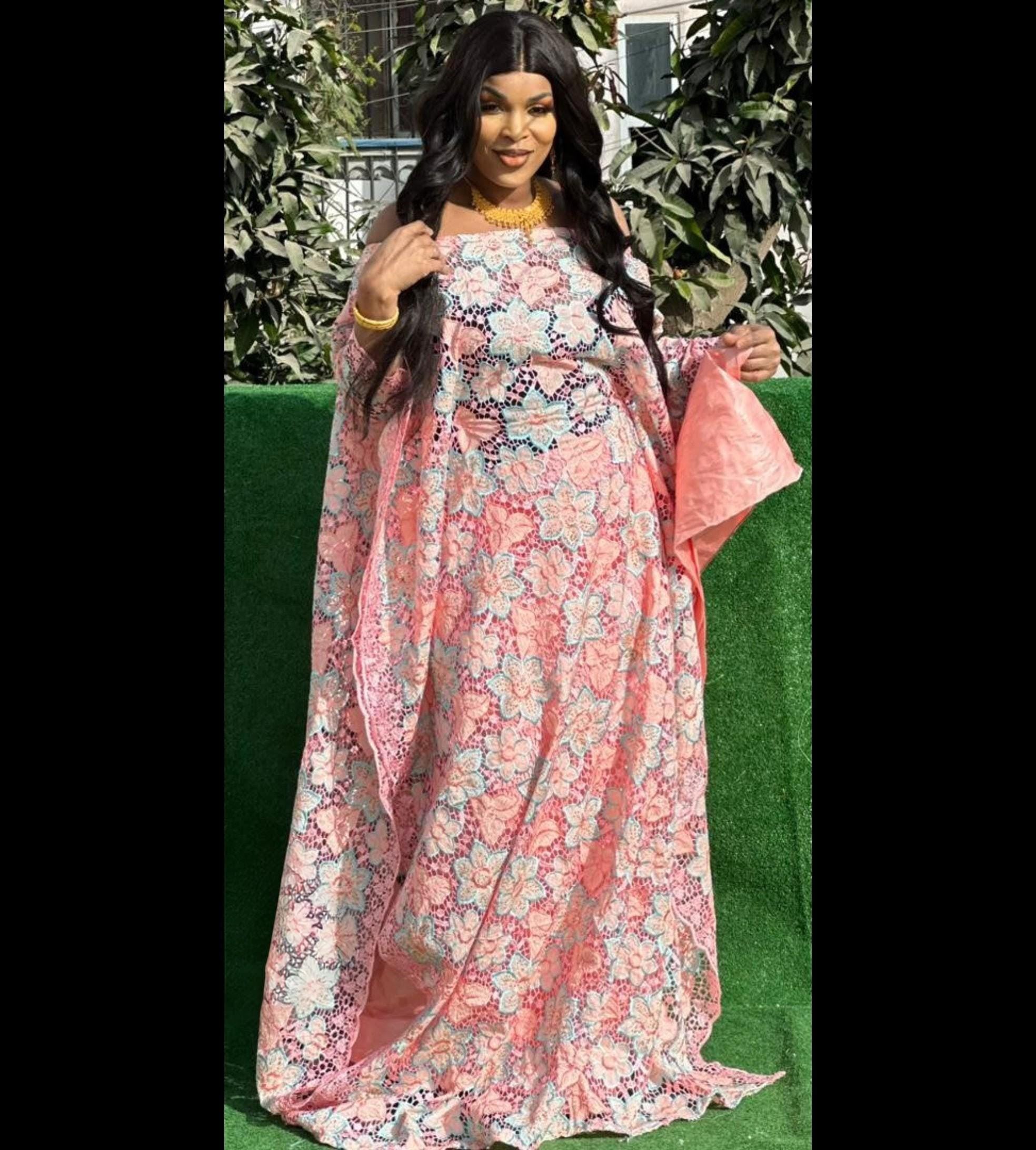 Pink Bazin Riche Lace Gown Set with Scarf for Weddings/Parties