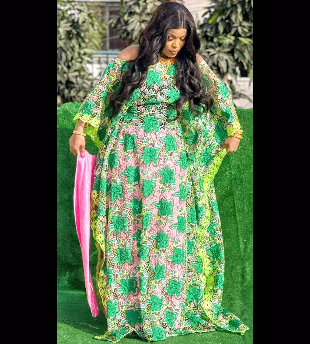African Women Voile Lace Gown Clothing Set | Bazin Riche Rapper, Scarf for Weddings/Parties
