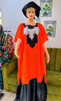 Bazin Riche Lace Top and Skirt Set With Scarf: Orange/Black Traditional Wear