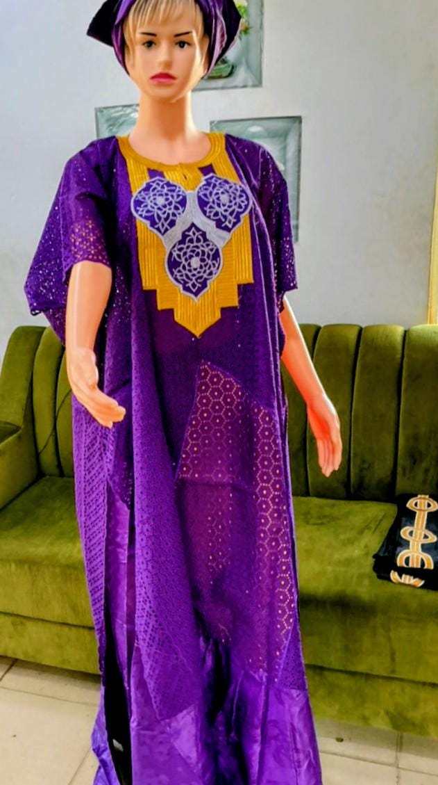 Bazin Riche Lace Top and Skirt Set With Scarf: Purple Traditional Wear
