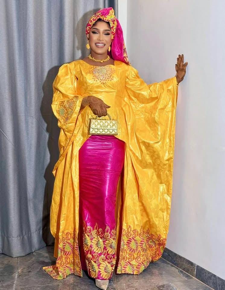 African Bazin Riche Abaya Dress | Elegant Embroidered Grand Bubu, Head Scarf