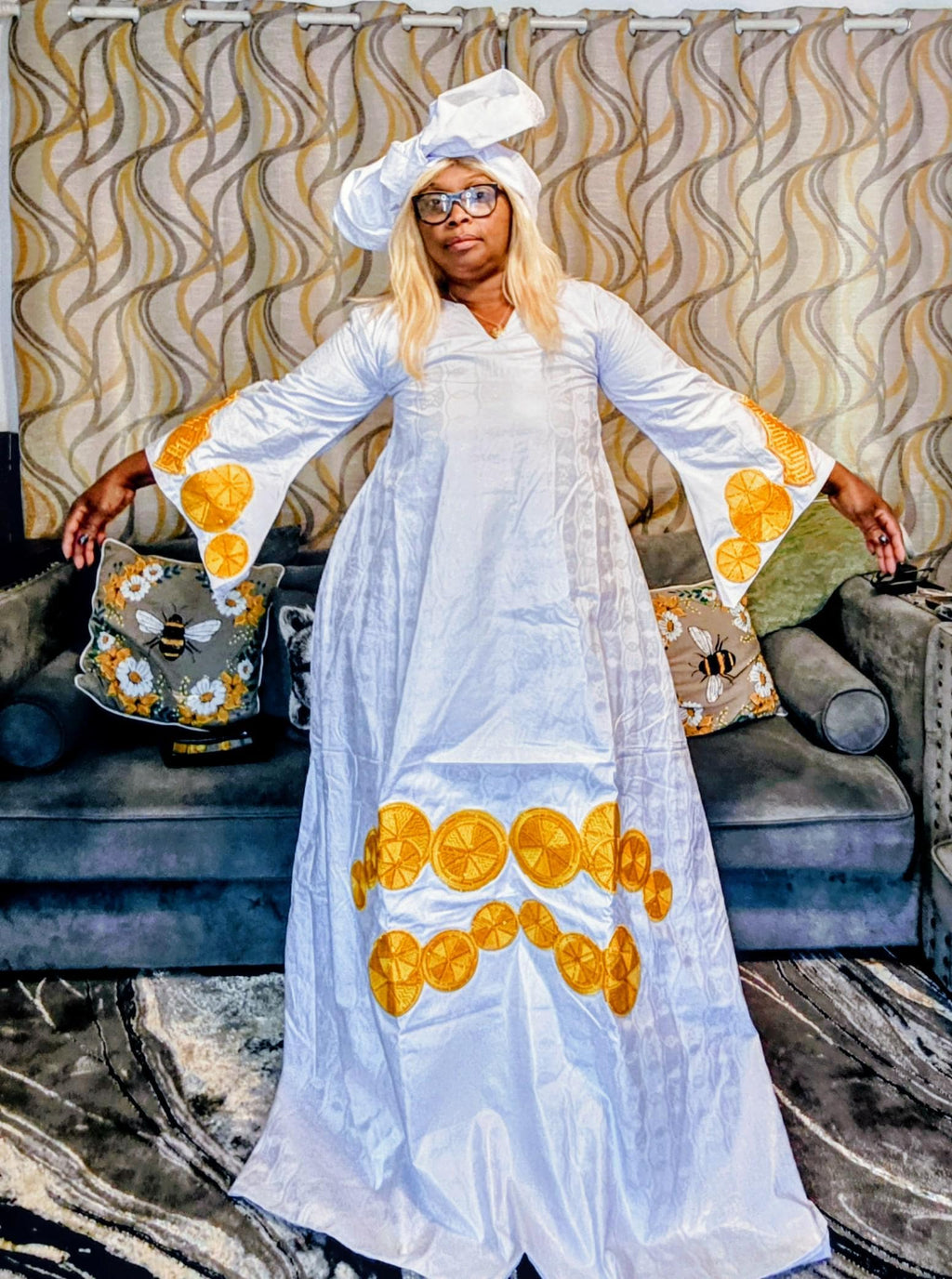 African Women Bazin Riche Abaya Dress | Elegant Embroidered Grand Bubu, Head Scarf