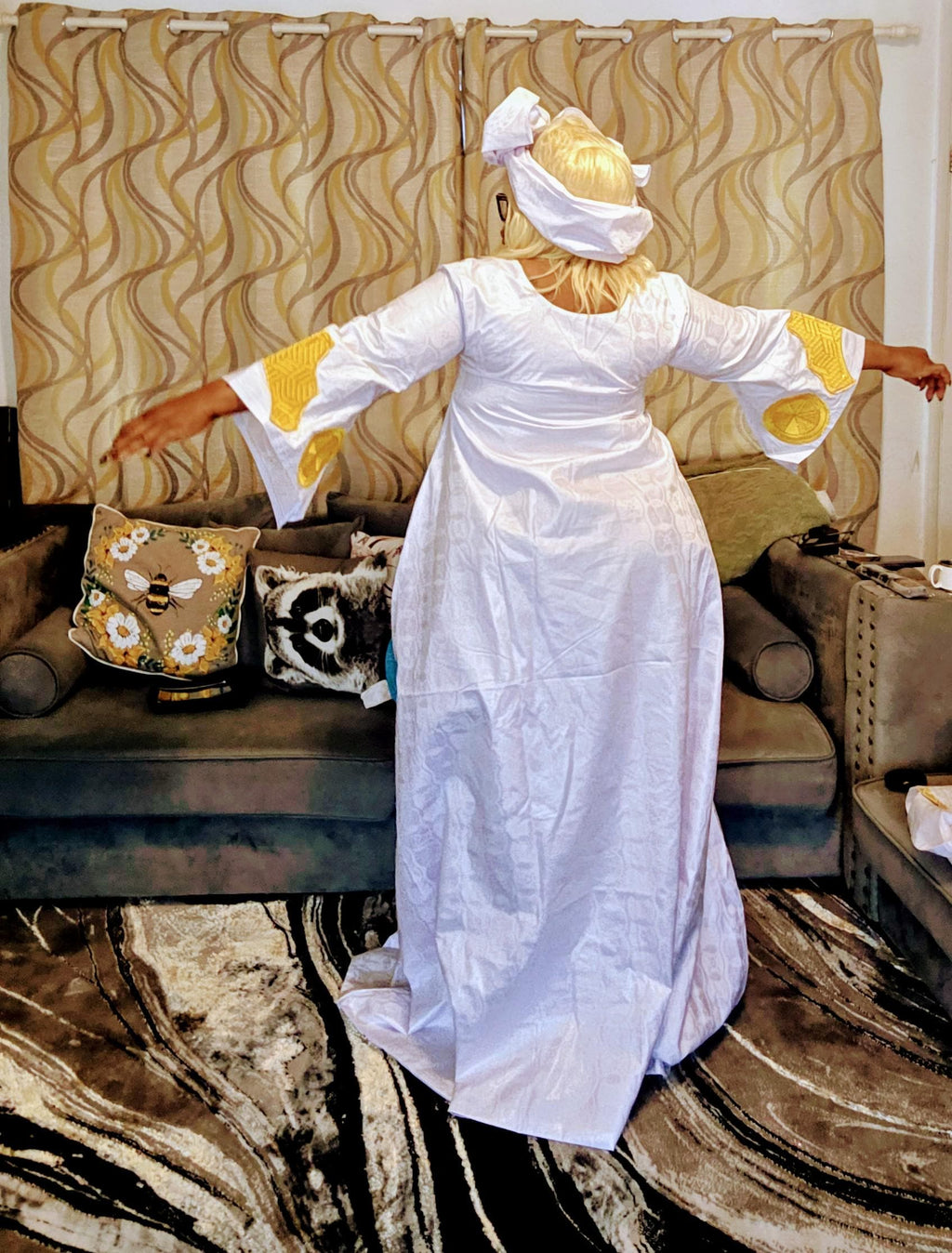 African Women Bazin Riche Abaya Dress | Elegant Embroidered Grand Bubu, Head Scarf