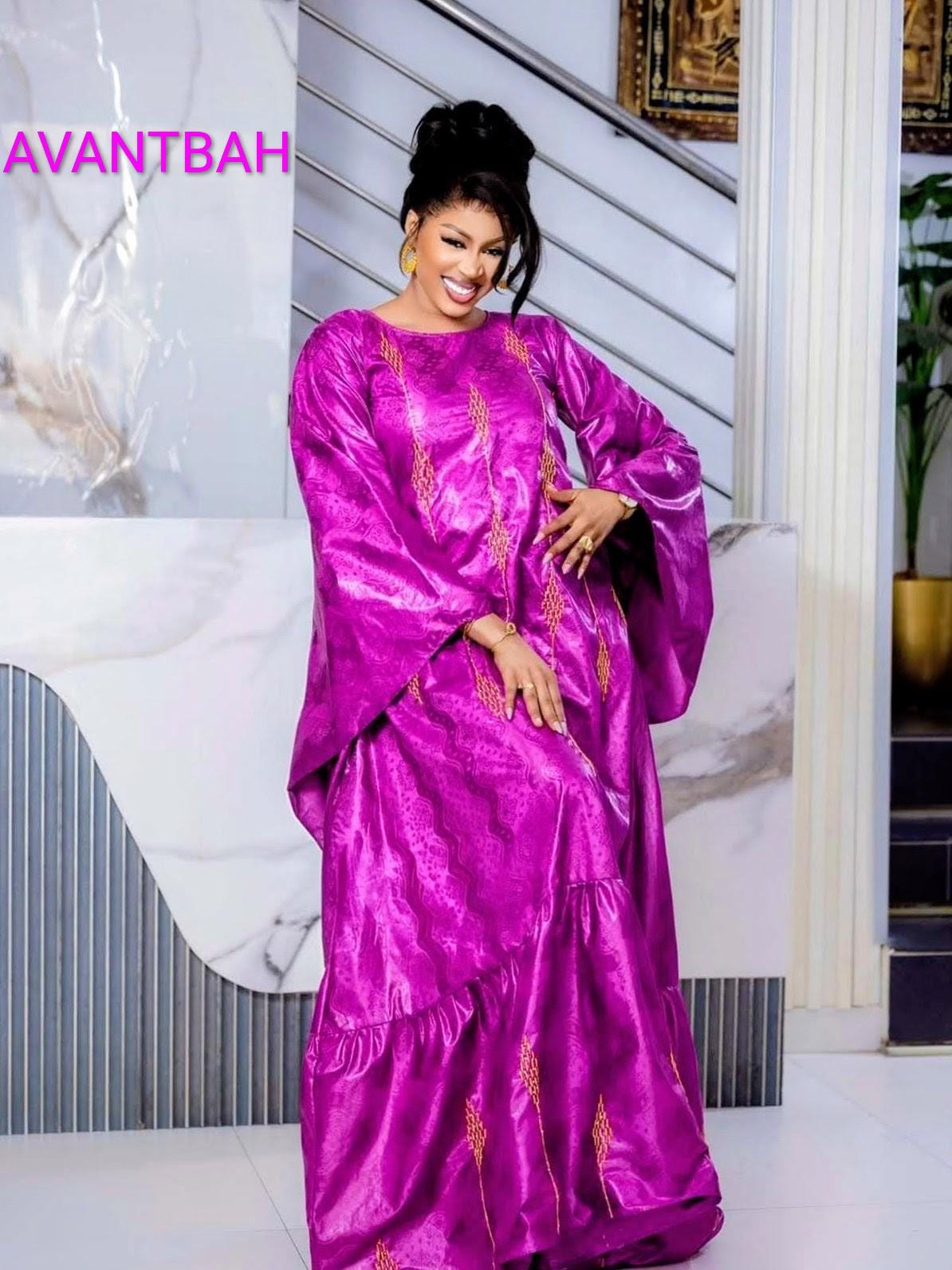 African Bazin Riche Abaya Dress | Elegant Embroidered Grand Bubu, Head Scarf In Pink